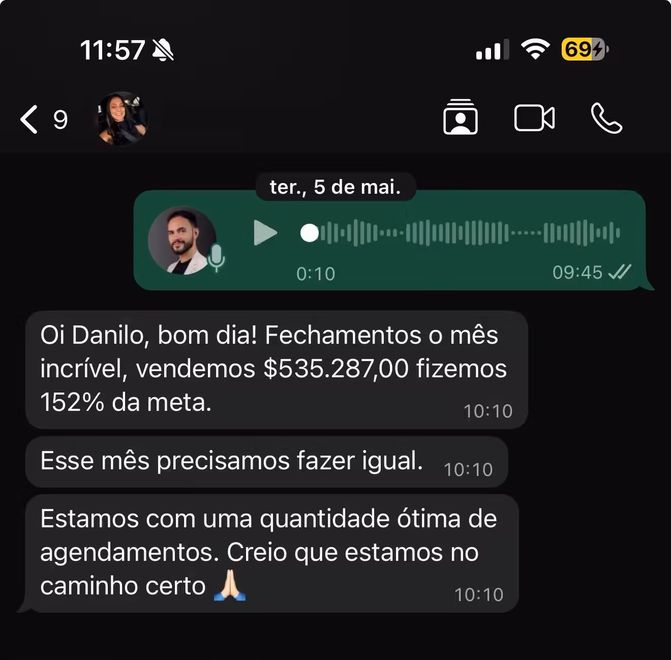 Depoimento de cliente da Nakaw enviado por WhatsApp, clínica em Taguatinga