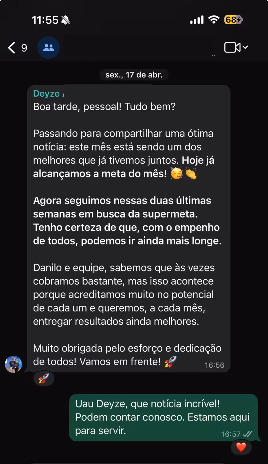 Depoimento de cliente da Nakaw enviado por WhatsApp, clínica em Taguatinga